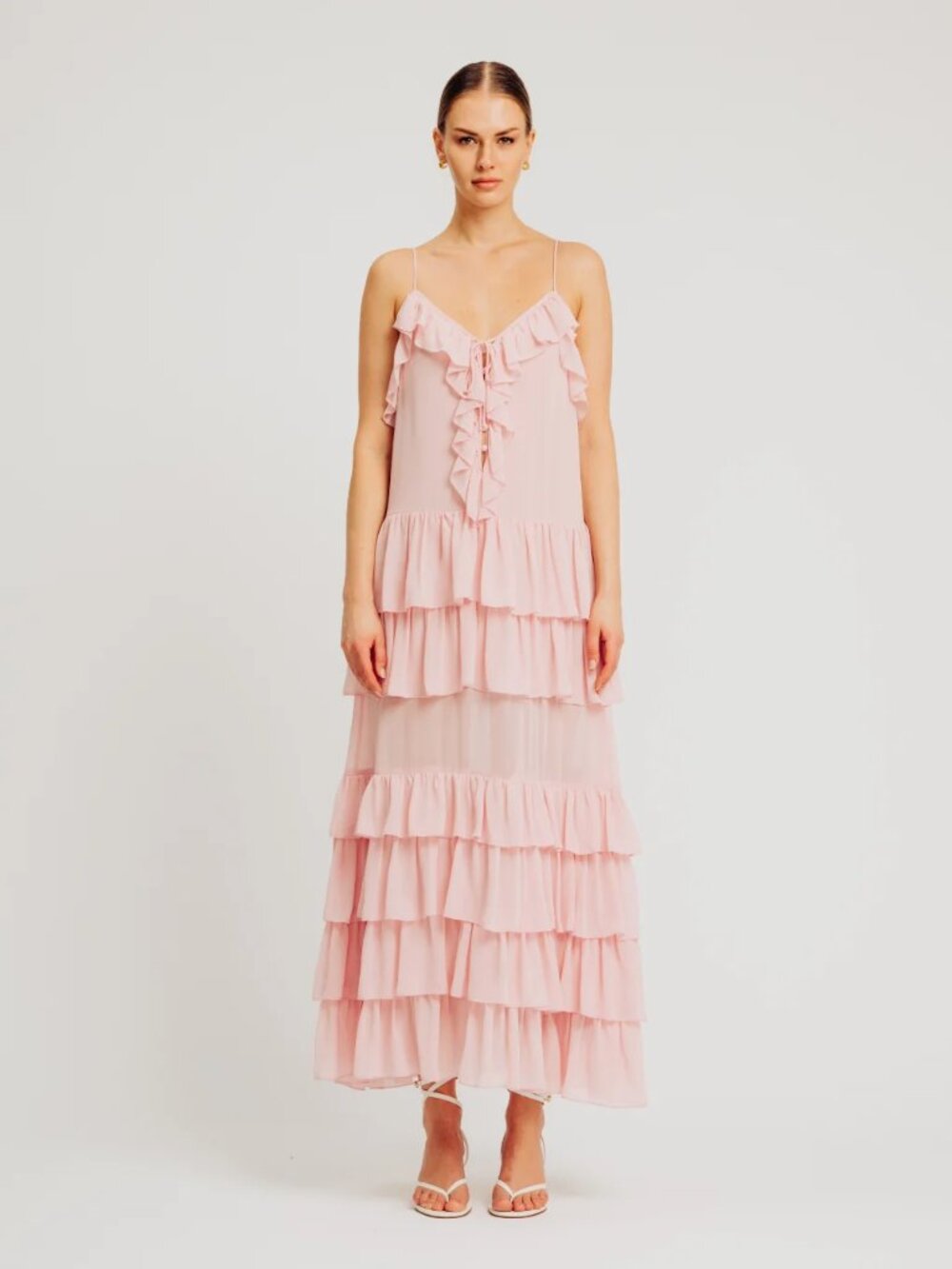 Torn by Ronny Kobo Orcadia Dress Light Pink Ruffle Tiered Maxi Dress Size XS NWT